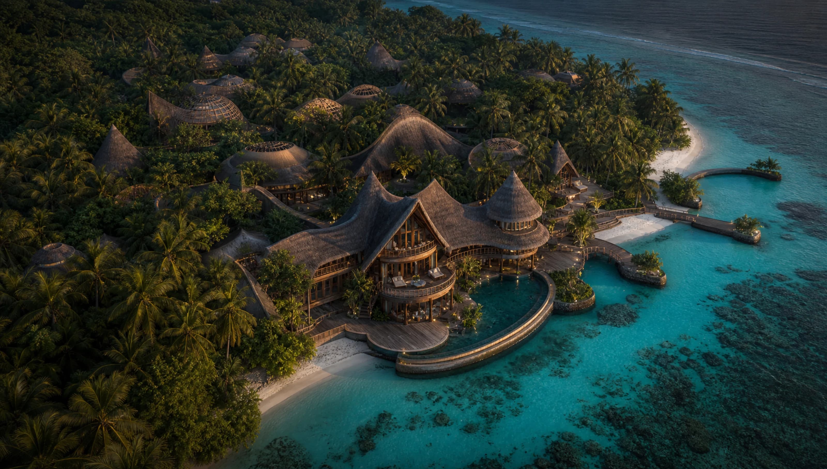 Coral Hush from the air — the thatched flagship and hidden water-hall compound on a turquoise reef